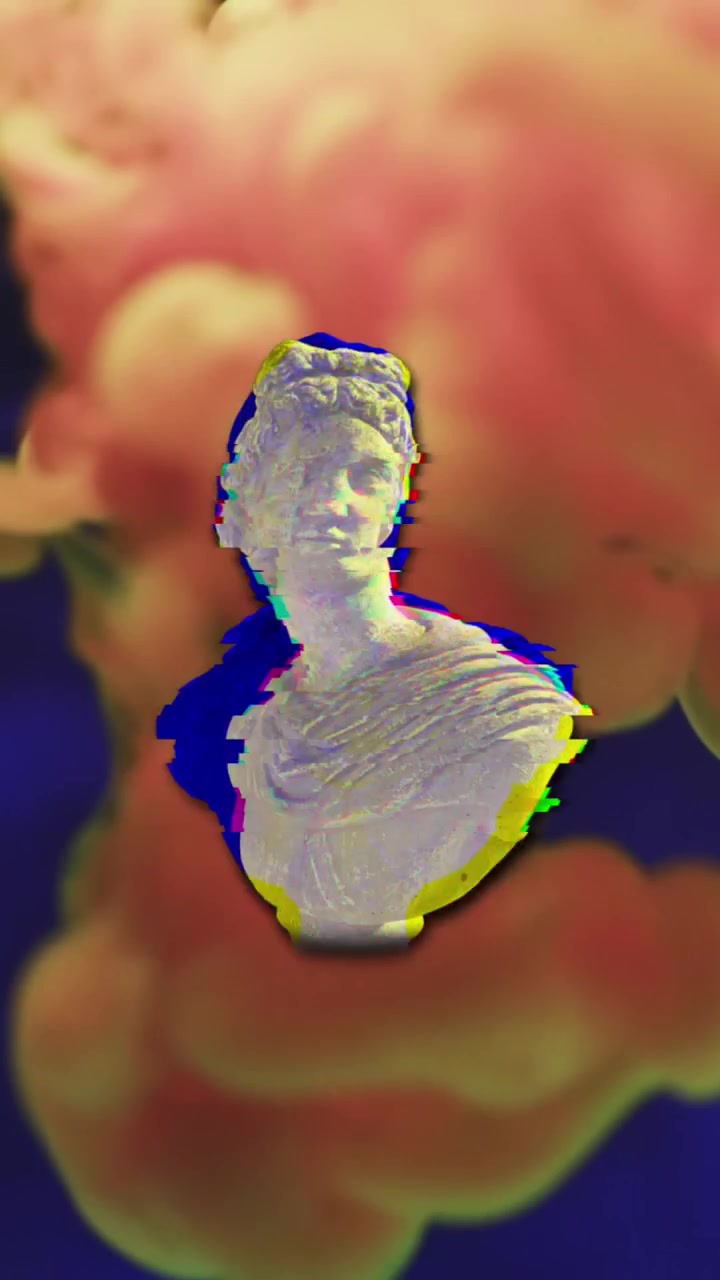 Animation of sculpture with interference and smoke trails on black background