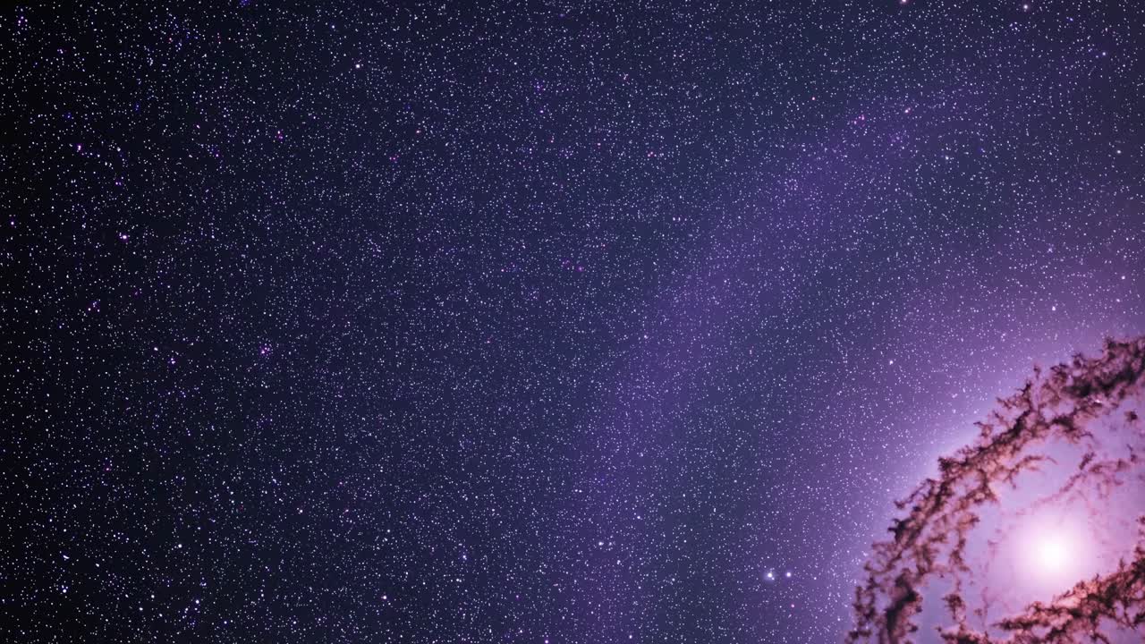 A mesmerizing wide-angle video shot of a starry night sky with a purple hue, capturing the vastness