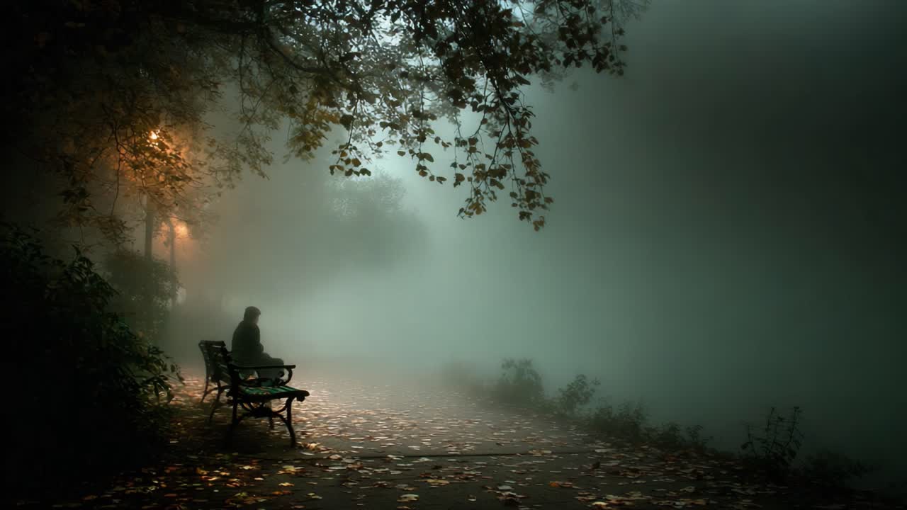 A Solitary Figure Contemplates the Misty Pathway Beneath the Soft Glow of a Lamp, Surrounded by Fallen Leaves and the Enigmatic Embrace of Fog