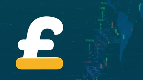 Animation-of-british-pound-sign-filling-up-with-yellow-and-financial-data-processing