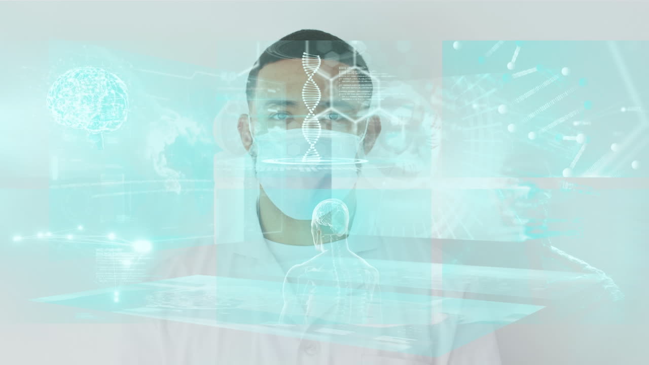 얼굴 마스크를 쓴 두 인종의 남자를 대상으로 한 데이터 처리 애니메이션