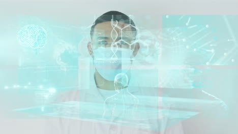 animation of data processing over biracial man with face mask