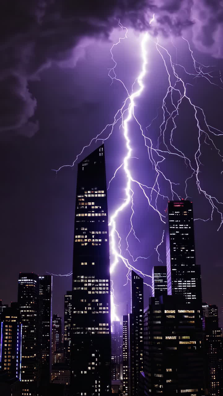 Lightning Strikes a City Skyline at Night