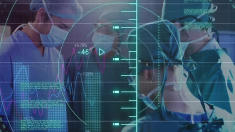 Animation-Eines-Kreisscanners-Und-Datenverarbeitung-Auf-Diagrammen-über-Verschiedene-Operierende-Chirurgen