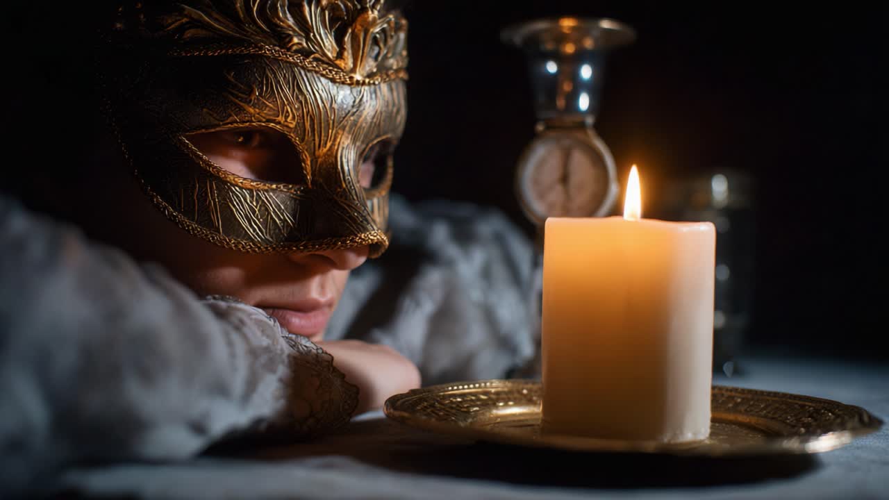 Eine faszinierende Nahaufnahme einer Person mit goldener Maske, die aufmerksam auf eine flackernde Kerze blickt, vor einem dunklen Hintergrund mit Vintage-Accessoires