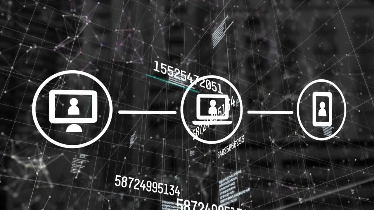 연결된 미디어 아이콘의 네트워크 애니메이션, 연결 및 데이터 처리, 검은색