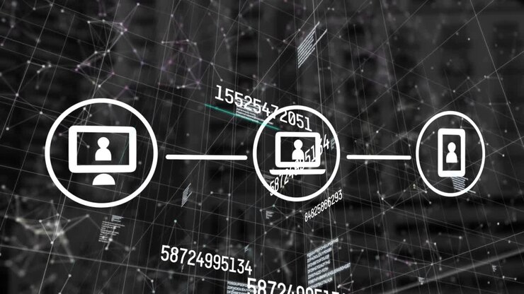 Animation of network of connected media icons, with connections and data processing, on black