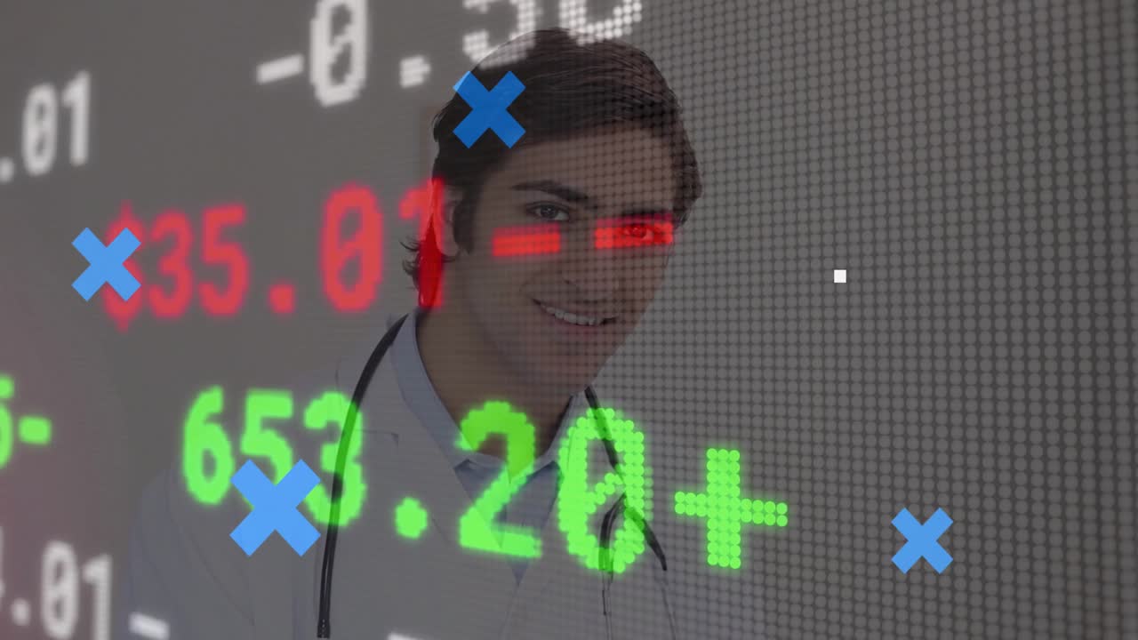 Medico che prende appunti per l'analisi finanziaria, lanciando grafici animati e ticker che scorrono.
