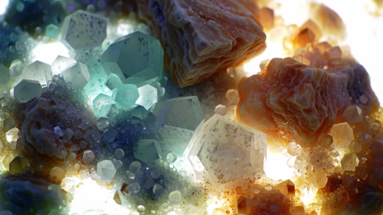 Stunning Close-up of Multicolored Crystalline Structures with Glowing Facets Showcasing Natural Beauty and Intricate Detail in Mineral Composition