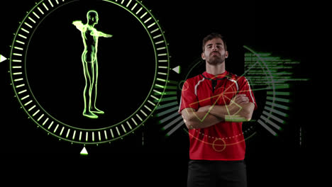 animation of human body spinning, data processing and scope scanning over rugby player