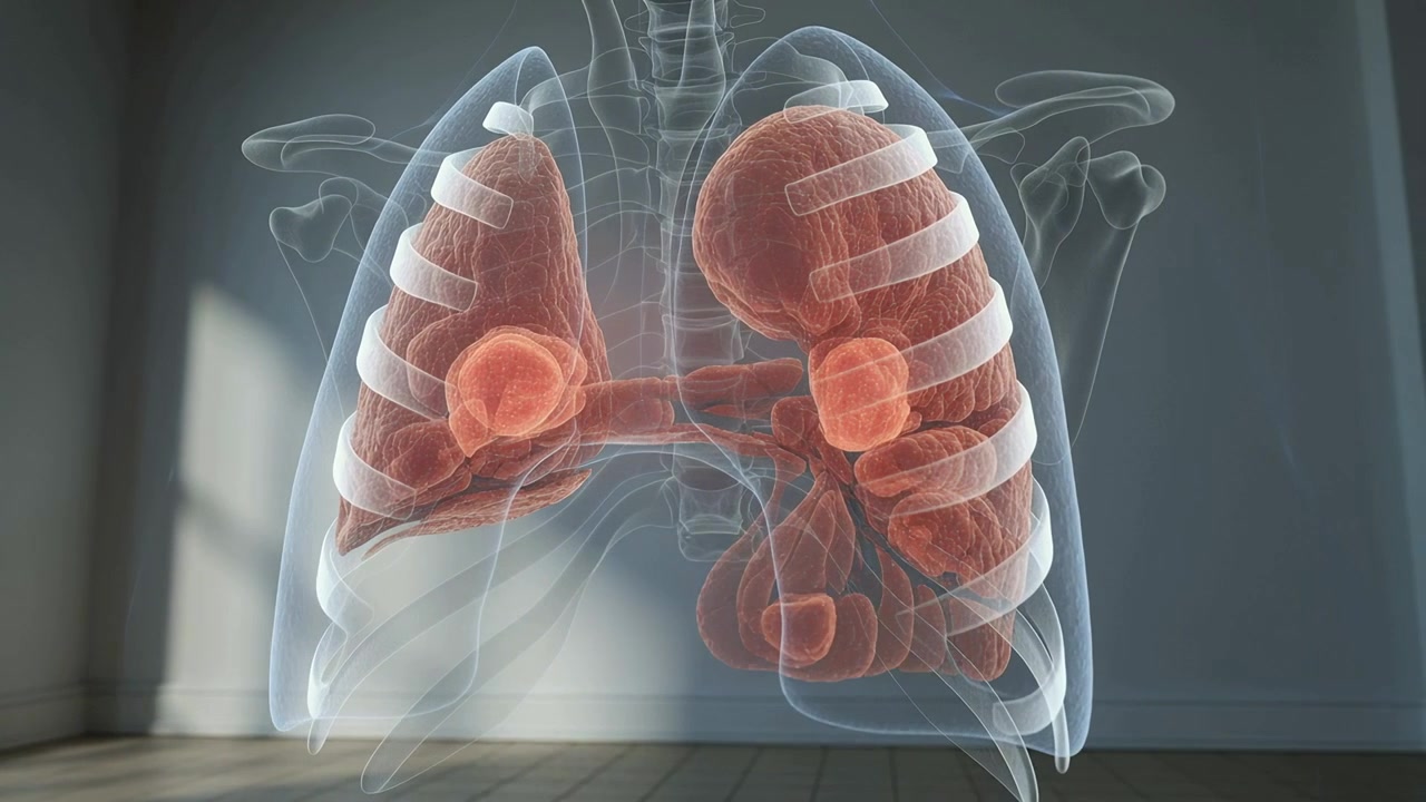 Animazione di una gabbia toracica 3D che mostra la trachea, formando i polmoni con i bronchi in una stanza illuminata dal sole per scopi didattici