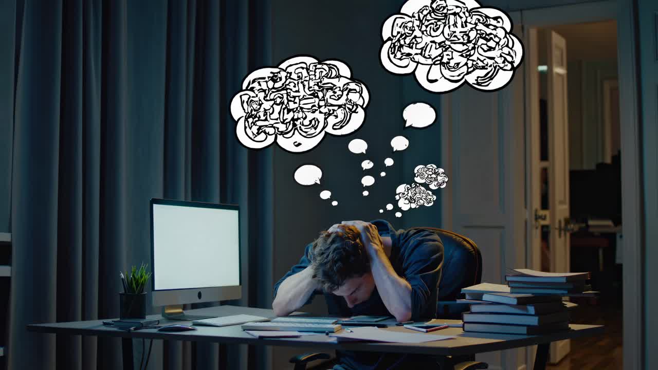 estudiante estresado tarde en la noche