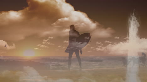 at sunset, silhouette of surfer holding board with ocean waves and clouds