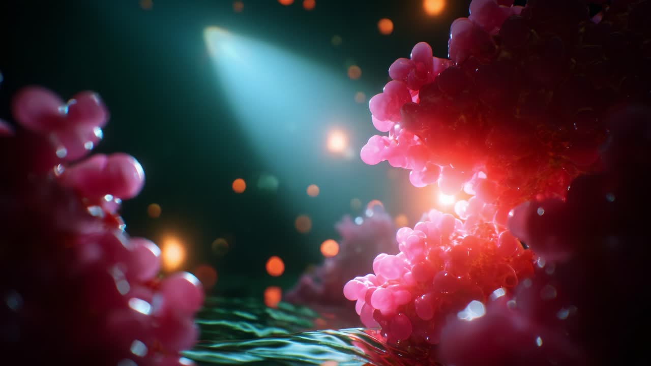 Exploring the Depths of a Vibrant Microscopic Environment Illuminated by Ethereal Light, Filled with Intricate Details of Glossy Pink Structures and Subtle Glimmers in a Dynamic and Captivating Scene