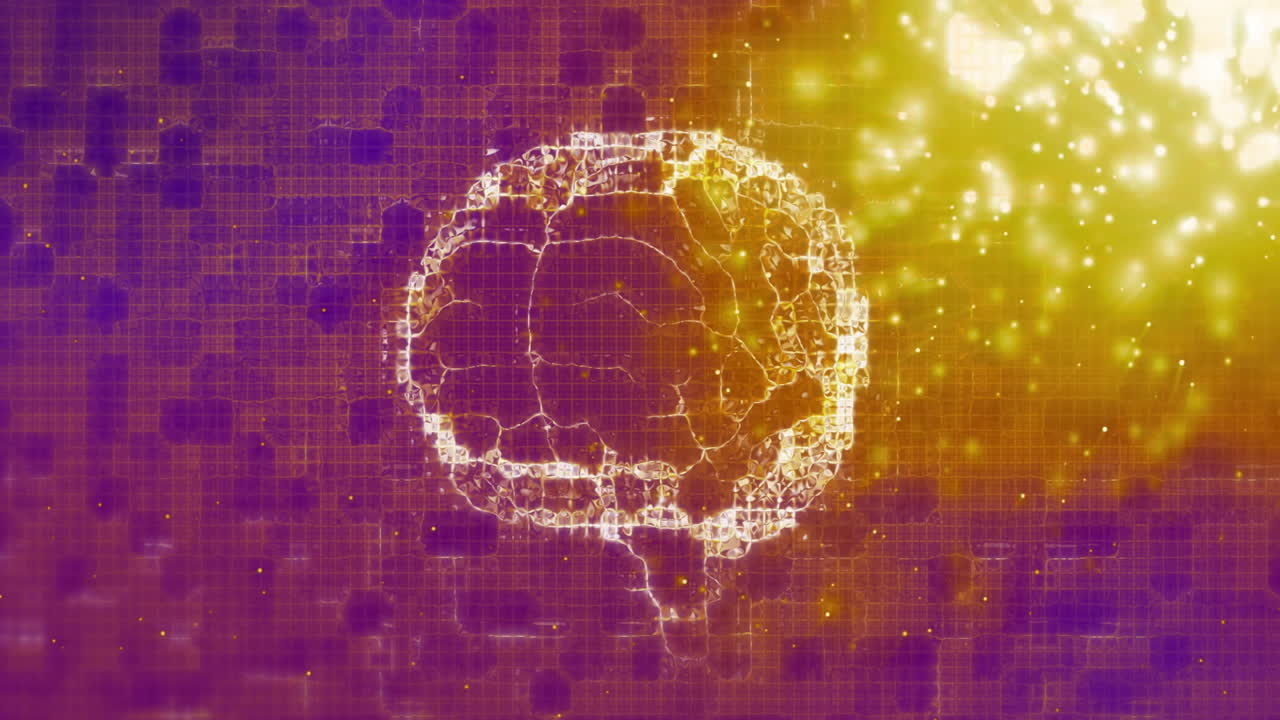 Cervello digitale e animazione di rete neurale su sfondo viola e giallo