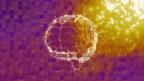 digital brain and neural network animation over purple and yellow background