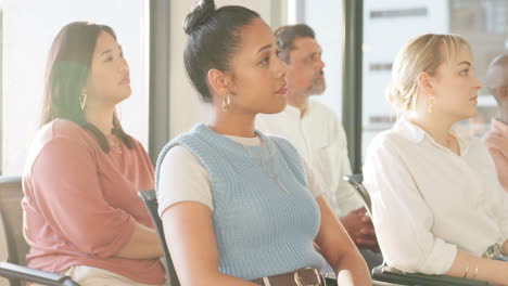 audience, presentation and tired business woman