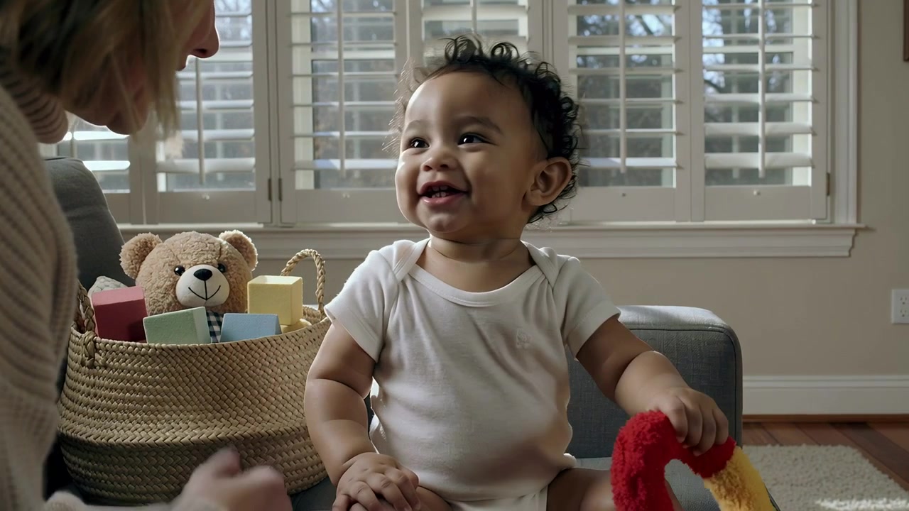 Picking red ring toy, infant in onesie lifting toward woman on sofa, woman steadying, clapping