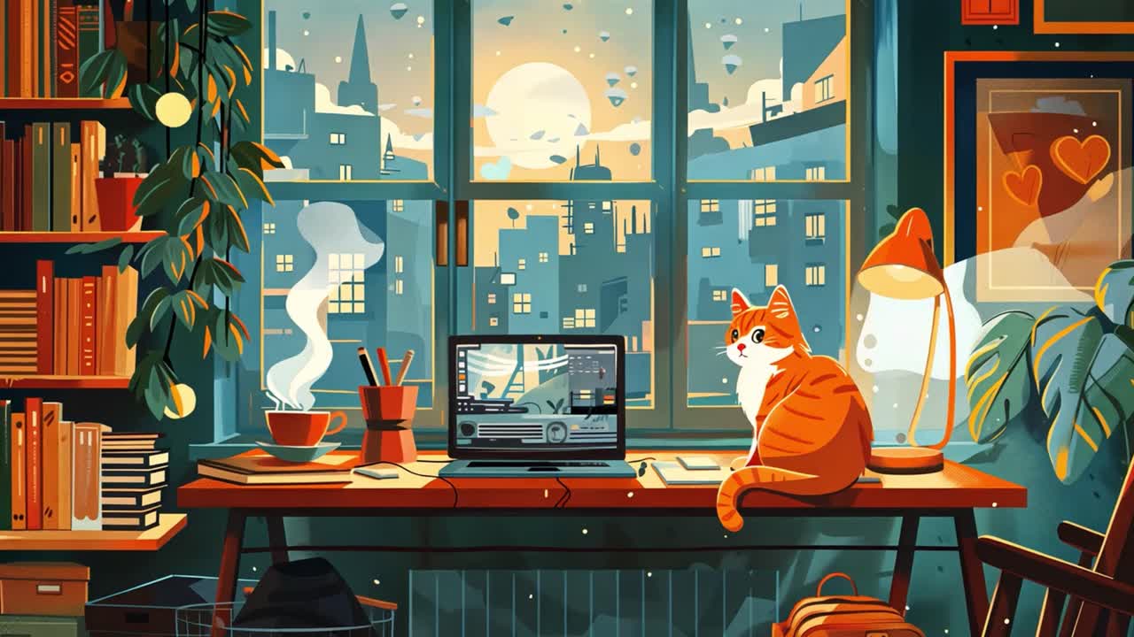 Cozy Workspace with Cat Illustration