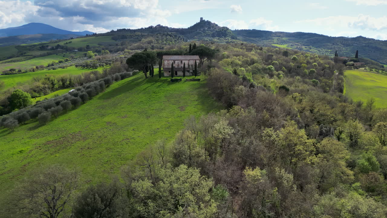 Aerial drone view of the Valdorcia region in Tuscany, central Italy