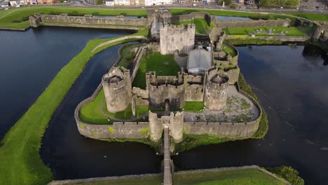 welsh medieval architecture caerphilly castle, united kingdom, aerial view