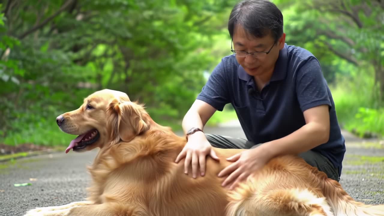 A heartwarming moment of companionship: a man gently pets his affectionate golden retriever in a serene, green outdoor setting, showcasing the bond between humans and dogs