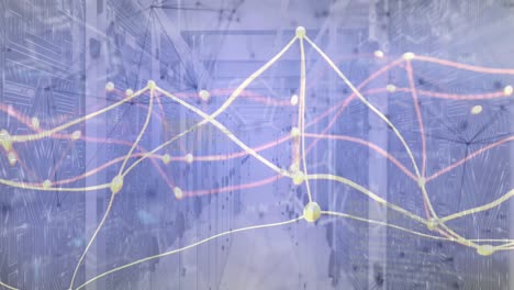 Animation-of-network-of-connections-and-connecting-dots-floating-against-computer-server-room