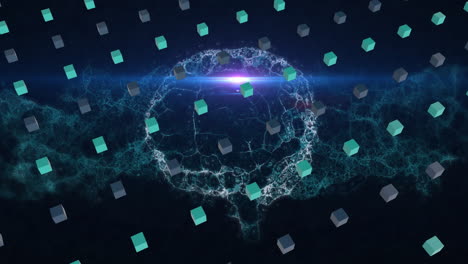 Animation of rows of cubes, human brain and dna strand spinning over dark background