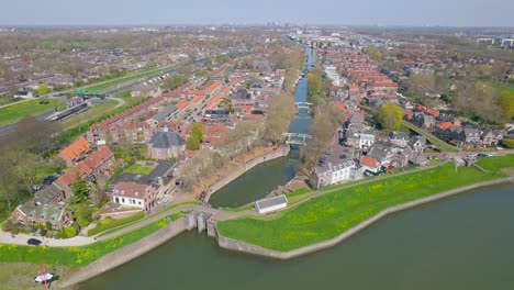 aerial view approaching canal in vreeswijk, utrecht