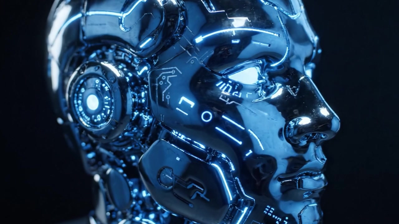 Una testa robotica futuristica che mostra un design metallico elegante e caratteristiche illuminate, rappresentando i progressi nell'intelligenza artificiale e nella tecnologia robotica.