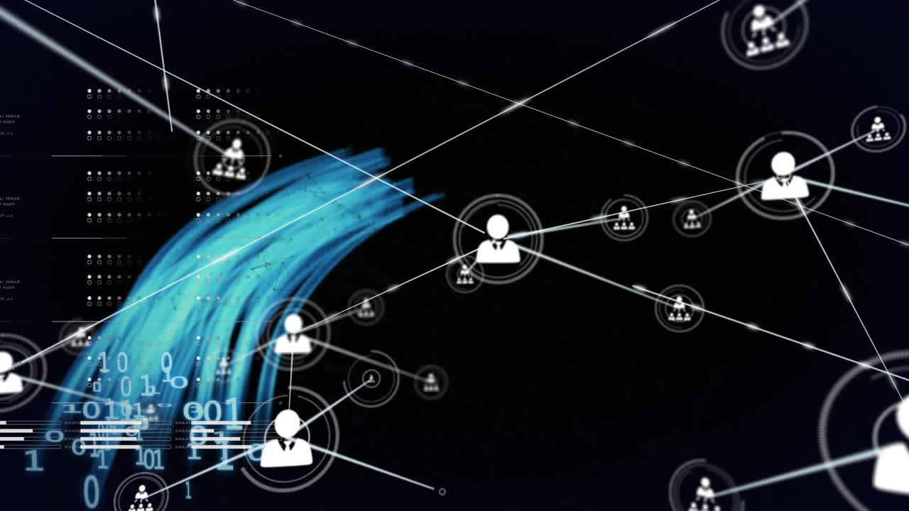 animación de la red de iconos de perfil y senderos de luz azul sobre procesamiento de datos y codificación binaria.