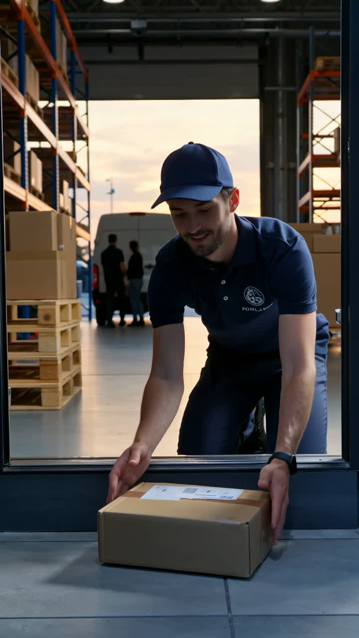 Delivery man handling a package at a warehouse entrance