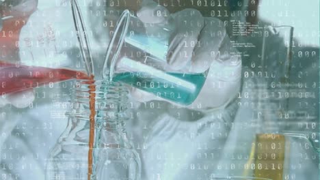 Animation-of-binary-code-over-caucasian-female-lab-worker-pouring-liquids