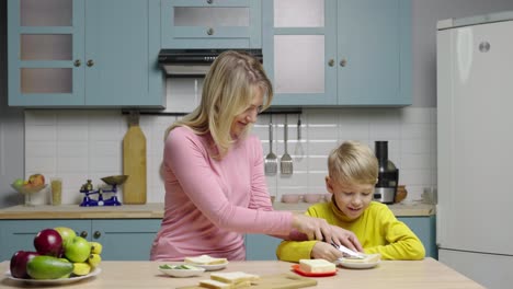 mom and son making sandwiches together