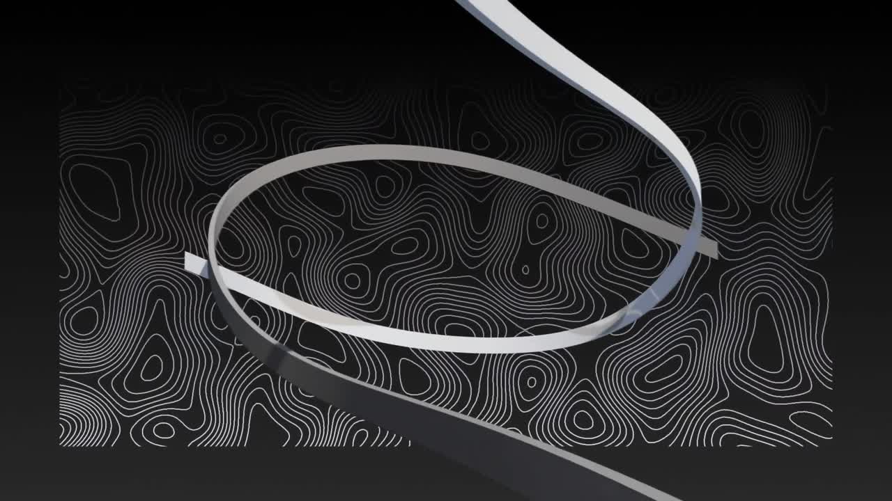 검은색에 유기적으로 움직이는  ⁇ 색 지형 지도 위에 두 개의  ⁇ 색 리본의 애니메이션