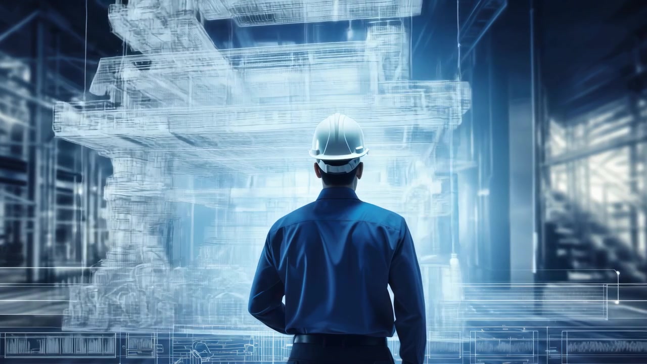 Engineer Examining Digital Holographic Blueprint of Industrial Facility