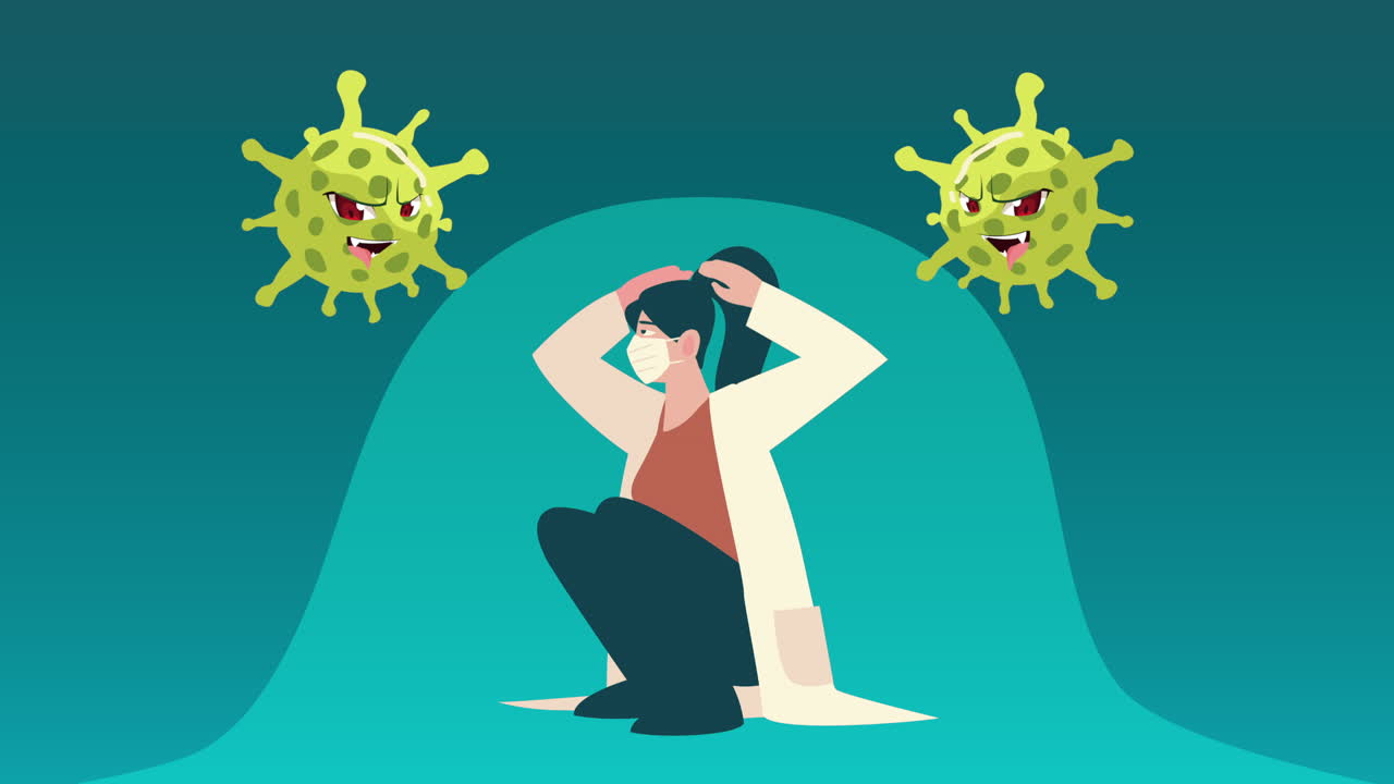 doctora con máscara médica estresada con personajes de partículas de covid-19