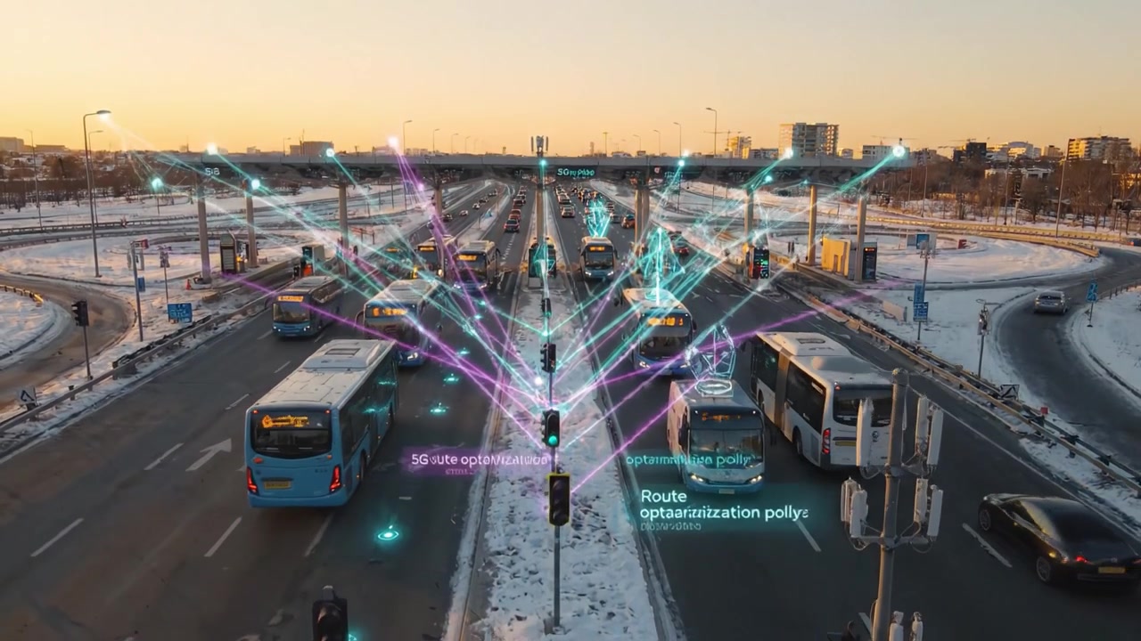 Kaupunkiristeys hämärässä: Pyöräilijät odottavat vihreää valoa vilkkaiden, busseja täynnä olevien teiden keskellä, lumisessa maisemassa ja liikennevalot eloisassa kaupunkinäkymässä