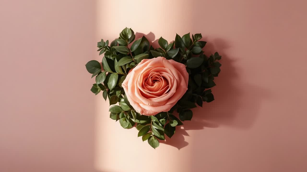 Zoom della camera verso una rosa rosa in studio, foglie verdi, rivelando i dettagli dei petali e la banda di luce