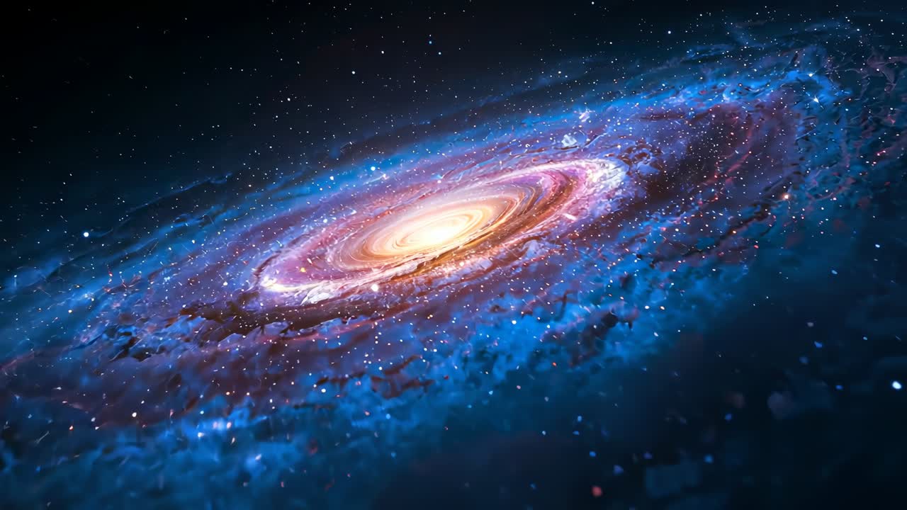 Spiral galaxy zooming in within starry void, brightening core and revealing clusters and filaments