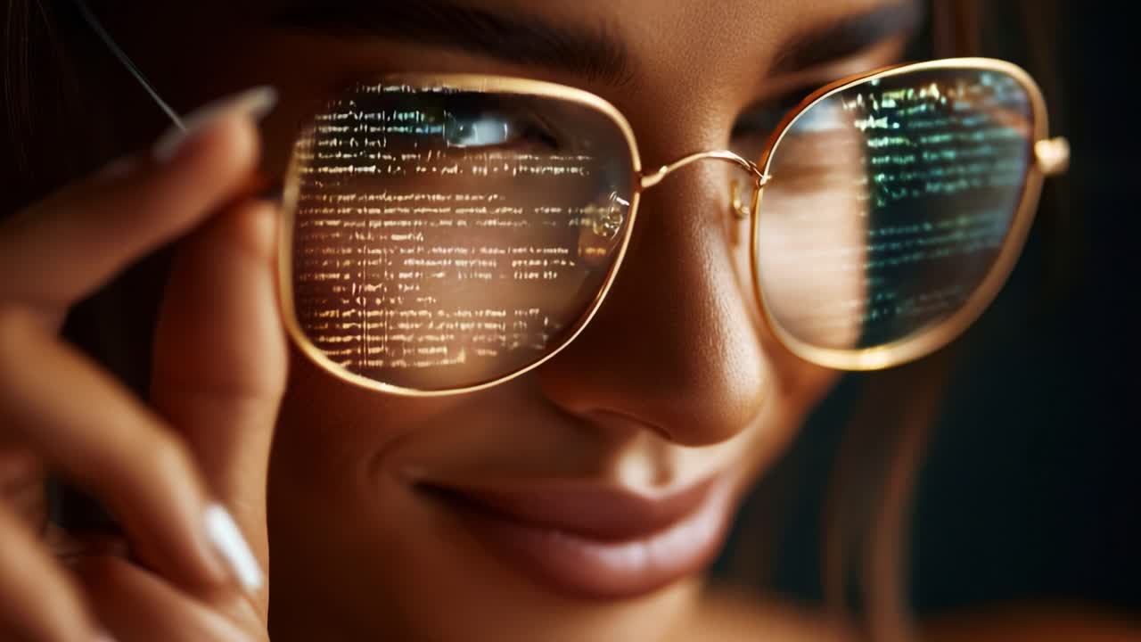 A tech-savvy individual showcases confidence while contemplating complex programming concepts, reflected in stylish glasses that mirror digital code, blending style and intelligence seamlessly