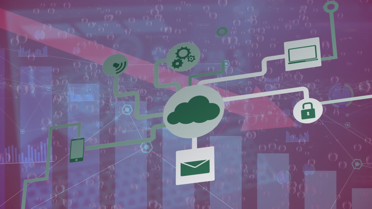 animación de la red de conexiones con iconos sobre el procesamiento de datos