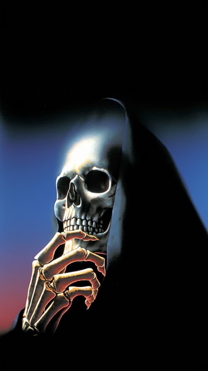 Copertina video inquietante di uno scheletro con un mantello, inquadratura dal basso, stile scuro e misterioso.