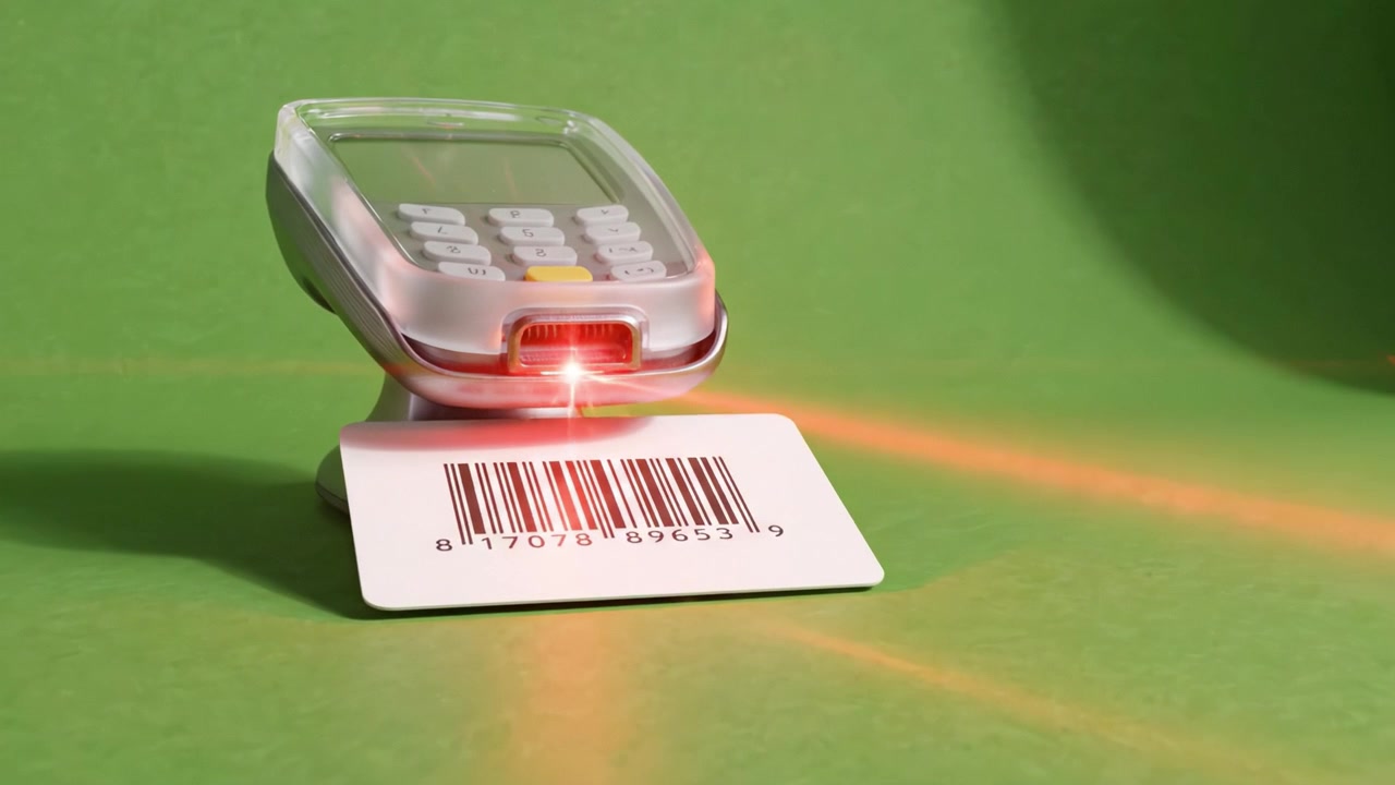 A close-up view of a barcode scanner positioned on a green surface, featuring a barcode on a card, showcasing modern technology and retail efficiency.