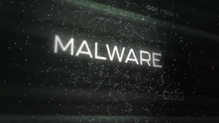 Animazione di un banner di testo "malware" sullo sfondo di una rete di connessioni e connessioni di microprocessori