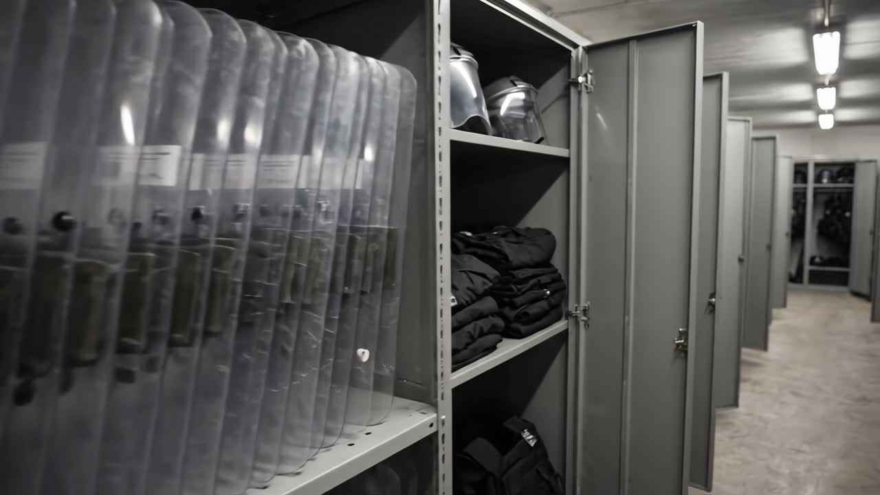 Protective Gear and Uniforms Stored in a Law Enforcement Locker Room