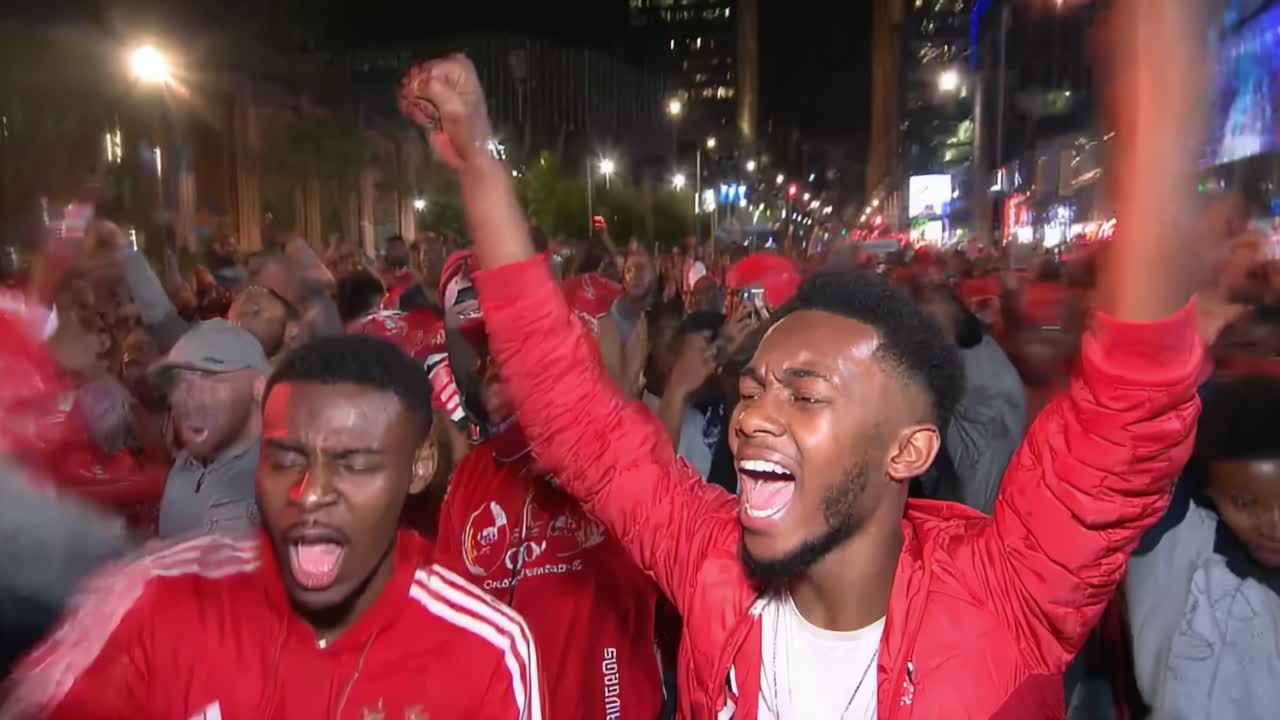 Celebration of Joy and Unity: A Crowd of Fans Expressing Their Excitement and Emotion in a Nighttime Celebration, Chanting, Cheering, and Wearing Team Colors with Passionate Enthusiasm