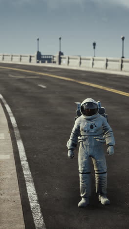 astronauta en una carretera de la ciudad