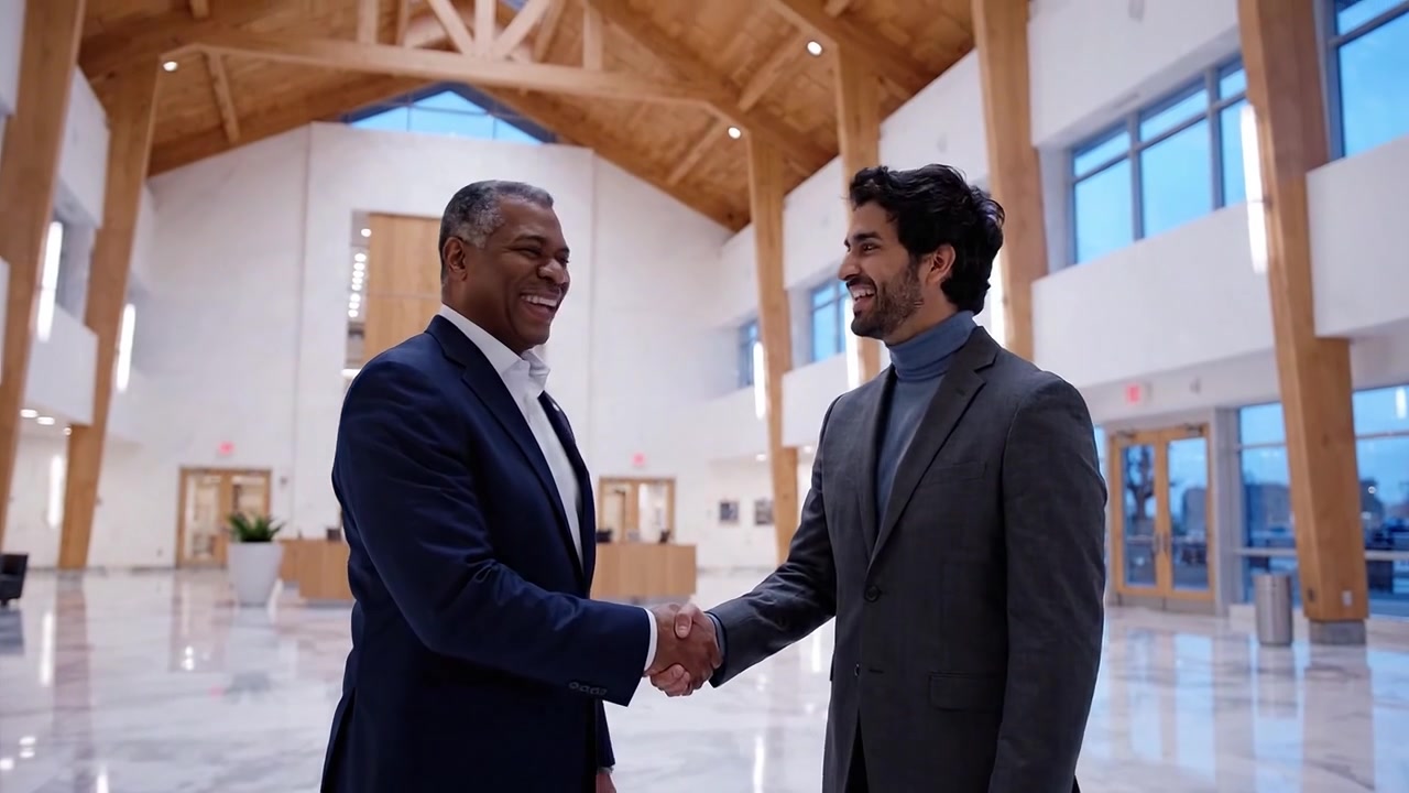 Two colleagues shake hands in a modern, spacious lobby, reflecting a professional atmosphere filled with light from large windows and beautiful wooden architecture.