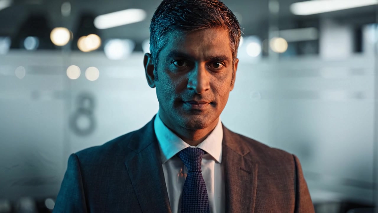 Portrait of a Confident Businessman in a Suit, Captured in Dramatic Lighting, Exuding Authority and Professionalism in a Modern Office Environment Setting